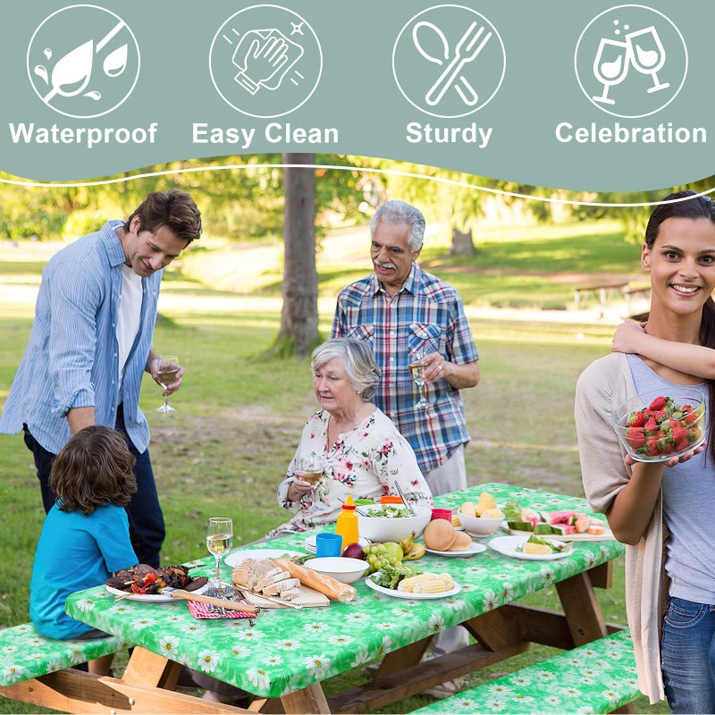 misaya Picnic Table Cover with Bench Cover  Waterproof Elastic Fitted Tablecloth for 6 Foot Tables  Rectangle Washable Polyester Tablecloths for Picnic  Camping  Outdoor (Green Daisy  30"" x 72"") - Image 4